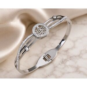 Silver Tone Waterproof Stainless Steel Crystal Bangle Bracelet Hinged Cuff